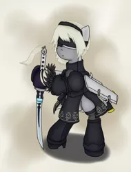 Size: 778x1026 | Tagged: safe, artist:fameng, derpibooru import, oc, original species, plane pony, pony, predator drone, 2b, bipedal, bipedal leaning, blindfold, clothes, dress, katana, leaning, leotard, nier, nier: automata, plane, solo, sword, weapon