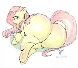 Size: 1280x1122 | Tagged: artist:bldymalice, both cutie marks, derpibooru import, featureless crotch, flutterbutt, fluttershy, huge butt, impossibly large butt, large butt, looking at you, looking back, lying down, plot, side, solo, suggestive, the ass was fat, underhoof