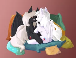 Size: 1827x1395 | Tagged: artist needed, source needed, safe, derpibooru import, oc, oc:midnight ruby, oc:wynter skye, unofficial characters only, bat pony, pony, buttcrack, cute, fangs, long tail, nuzzling, pillow, red eyes, shipping