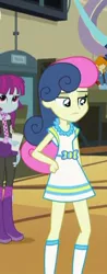 Size: 180x457 | Tagged: safe, derpibooru import, screencap, bon bon, mystery mint, sweetie drops, valhallen, equestria girls, friendship games, background human, boots, bracelet, clothes, cup, dress, fingerless gloves, gloves, hand on hip, high heel boots, jewelry, pants, pantyhose, ripped pantyhose, scarf, skirt, socks
