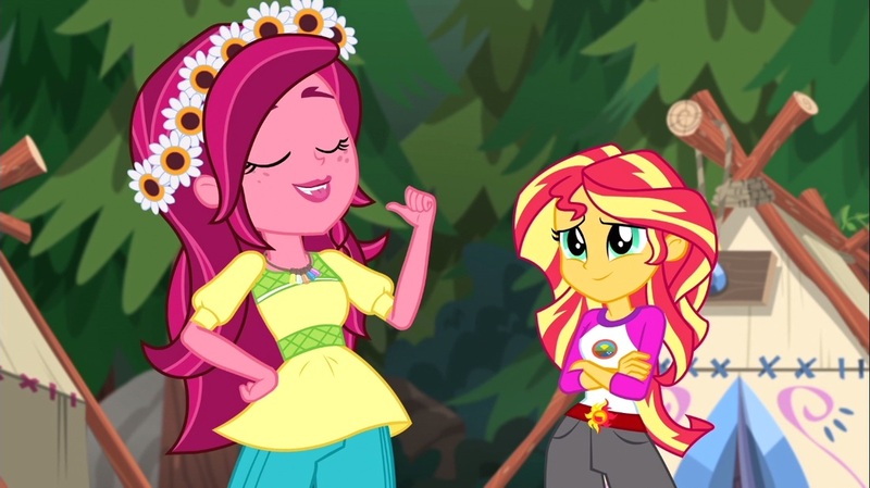 Size: 1100x618 | Tagged: safe, derpibooru import, screencap, gloriosa daisy, sunset shimmer, equestria girls, legend of everfree, biting, cute, tongue bite