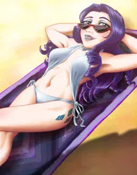 Size: 1711x2189 | Tagged: suggestive, artist:ari-6, derpibooru import, rarity, human, absolute cleavage, arm behind head, armpits, beach, beach babe, beach towel, beauty mark, belly button, bikini, bikini babe, breasts, cleavage, clothes, cutie mark on human, female, humanized, lipstick, looking at you, lying, mole, on back, outdoors, sand, sexy, solo, solo female, sunbathing, sunglasses, swimsuit, teeth, tongue out, towel, white swimsuit