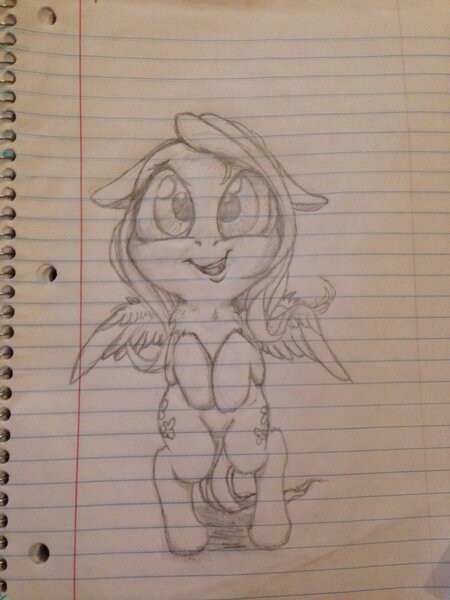 Size: 1024x1365 | Tagged: safe, artist:miokomata, derpibooru import, fluttershy, pony, bipedal, both cutie marks, chest fluff, chibi, floppy ears, grayscale, hooves to the chest, lined paper, looking at you, monochrome, open mouth, pencil drawing, smiling, solo, spread wings, traditional art
