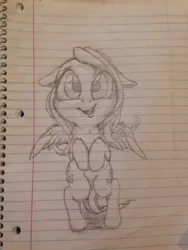 Size: 1024x1365 | Tagged: safe, artist:miokomata, derpibooru import, fluttershy, pony, bipedal, both cutie marks, chest fluff, chibi, floppy ears, grayscale, hooves to the chest, lined paper, looking at you, monochrome, open mouth, pencil drawing, smiling, solo, spread wings, traditional art