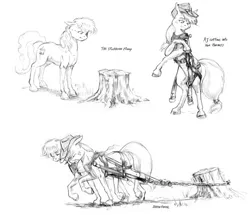 Size: 1100x948 | Tagged: safe, artist:baron engel, derpibooru import, applejack, oc, oc:carousel, earth pony, pony, chains, duo, duo female, female, floppy ears, frown, harness, mare, monochrome, pencil drawing, pulling, story included, tack, traditional art, tree stump, unshorn fetlocks