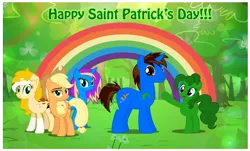 Size: 2656x1602 | Tagged: safe, artist:andoanimalia, derpibooru import, applejack, pinkie pie, oc, oc:andoanimalia, earth pony, pony, unicorn, female, forest, green, male, mare, rainbow, recolor, saint patrick's day, socks (coat marking), stallion