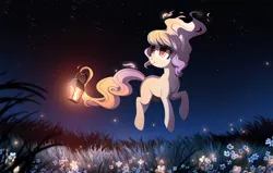 Size: 1300x828 | Tagged: safe, artist:ruhje, derpibooru import, oc, oc:whisper, unofficial characters only, pony, beautiful, commission, female, floating, flower, grass field, lantern, mare, night, night sky, smiling, solo, stars