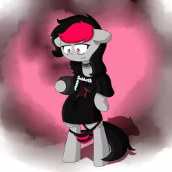 Size: 4000x4000 | Tagged: suggestive, artist:fullmetalpikmin, derpibooru import, oc, oc:miss eri, unofficial characters only, earth pony, pony, black sabbath, choker, clothes, collar, lingerie, mug, panties, panties around legs, solo, underwear