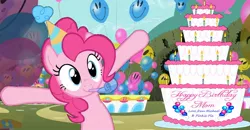 Size: 1508x784 | Tagged: safe, artist:dakari-king-mykan, derpibooru import, pinkie pie, balloon, cake, food, solo