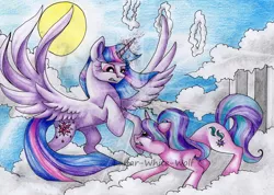 Size: 3338x2373 | Tagged: safe, artist:lunar-white-wolf, derpibooru import, starlight glimmer, twilight sparkle, twilight sparkle (alicorn), alicorn, pony, the cutie re-mark, cloud, confrontation, duo, flight camp, looking at each other, looking down, looking up, rearing, sun, traditional art