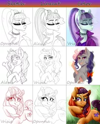 Size: 3543x4370 | Tagged: safe, artist:0puntia, artist:alexispaint, artist:crystalfilth, derpibooru import, coloratura, petunia paleo, saffron masala, earth pony, pony, unicorn, absurd resolution, bone, chest fluff, collaboration, colored, ear fluff, eyes closed, lidded eyes, lineart, looking at you, sketch, smiling, tail wrap, veil