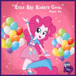 Size: 800x800 | Tagged: safe, derpibooru import, pinkie pie, equestria girls, balloon, boots, bracelet, clothes, cute, diapinkes, equestria girls logo, high heel boots, jewelry, logo, looking at you, my little pony logo, open mouth, pony ears, ponytail, raised leg, skirt, smiling, solo, sparkles