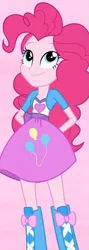 Size: 323x903 | Tagged: safe, derpibooru import, screencap, pinkie pie, equestria girls, rainbow rocks, boots, clothes, cropped, cute, hands behind back, high heel boots, needs more jpeg, pink background, shine like rainbows, simple background, skirt, solo