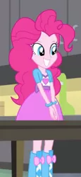 Size: 202x438 | Tagged: safe, derpibooru import, screencap, pinkie pie, equestria girls, pinkie on the one, rainbow rocks, balloon, boots, clothes, cropped, cute, diapinkes, hands together, high heel boots, skirt, smiling, solo