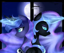 Size: 2400x2000 | Tagged: safe, artist:clefficia, derpibooru import, nightmare moon, princess luna, alicorn, pony, duo, error, female, frown, full moon, glitch, glowing horn, helmet, jewelry, looking down, magic, mare, moon, night, regalia, self ponidox, signature, smiling, stars