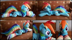 Size: 2314x1313 | Tagged: artist:rosamariposacrafts, clothes, derpibooru import, irl, life size, photo, plushie, prone, rainbow dash, rainbow socks, safe, socks, solo, striped socks