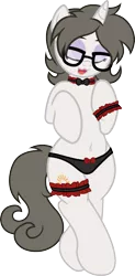 Size: 1036x2106 | Tagged: suggestive, artist:digiqrow, deleted from derpibooru, derpibooru import, oc, oc:solaria, unofficial characters only, pony, semi-anthro, unicorn, belly button, bipedal, black underwear, bow, choker, clothes, eyes closed, female, glasses, lingerie, mare, panties, ribbon, simple background, solo, solo female, transparent background, underwear