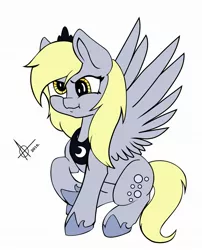 Size: 1745x2160 | Tagged: safe, artist:vanchees, derpibooru import, derpy hooves, pegasus, pony, accessory theft, jewelry, regalia, scrunchy face, simple background, solo, tabitha st. germain, voice actor joke, white background