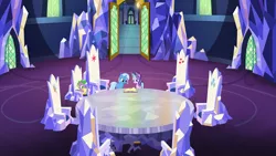 Size: 1600x900 | Tagged: safe, derpibooru import, screencap, spike, starlight glimmer, trixie, dragon, pony, unicorn, all bottled up, cutie map, female, friendship throne, mare, the amazing trio of friendship, twilight's castle