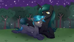 Size: 1024x576 | Tagged: artist:erockertorres, artist:nivimonster, clearing, commission, derpibooru import, forest, grass field, night, oc, oc:tyke, offspring, parent:queen chrysalis, queen chrysalis, reformed, safe, scenery, stars