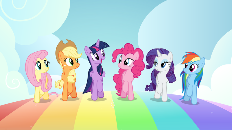 Size: 1600x900 | Tagged: safe, derpibooru import, screencap, applejack, fluttershy, pinkie pie, rainbow dash, rarity, twilight sparkle, twilight sparkle (alicorn), alicorn, earth pony, pegasus, pony, unicorn, all bottled up, best friends until the end of time, female, mane six, mare, rainbow, rainbow road