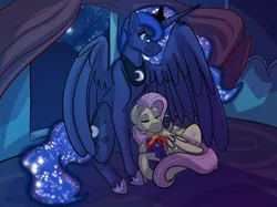 Size: 2732x2048 | Tagged: safe, artist:percy-mcmurphy, derpibooru import, fluttershy, princess luna, oc, oc:dream catcher, alicorn, pony, colt, cuddling, eyebrows, female, lesbian, lunashy, magical lesbian spawn, male, mother and son, next generation, night, offspring, parent:fluttershy, parent:princess luna, parents:lunashy, shipping, sitting, size difference, sleeping, smiling, trio