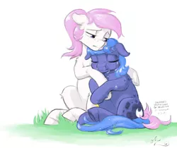 Size: 1250x1050 | Tagged: safe, artist:amarynceus, deleted from derpibooru, derpibooru import, princess celestia, princess luna, earth pony, pony, comforting, crying, sitting, style emulation, younger