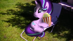 Size: 3840x2160 | Tagged: artist:bastbrushie, artist:masem, chair, cute, derpibooru import, dis gon b gud, eating, food, irl, lawn, lawn chair, photo, ponies in real life, popcorn, safe, shadow, sitting, solo, starlight glimmer, vector