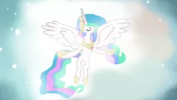 Size: 1920x1080 | Tagged: safe, artist:doctor-derpy, derpibooru import, princess celestia, alicorn, pony, crown, eyes closed, flying, jewelry, peytral, regalia, solo, spread wings