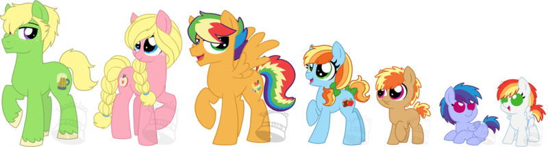 Size: 1500x404 | Tagged: safe, artist:tambelon, derpibooru import, oc, oc:apple butter, oc:applesauce, oc:flying colors, oc:hard cider, oc:moonbow, oc:pink lady, oc:zap apple, unofficial characters only, earth pony, pegasus, pony, baby, baby pony, colt, female, filly, magical lesbian spawn, male, mare, next generation, offspring, parent:applejack, parent:rainbow dash, parents:appledash, siblings, simple background, stallion, transparent background, watermark