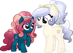 Size: 900x650 | Tagged: safe, artist:tambelon, derpibooru import, oc, oc:mystic omen, oc:opalescent pearl, unofficial characters only, crystal pony, pony, duo, female, mare, size difference