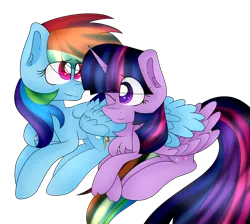 Size: 1280x1146 | Tagged: safe, artist:cosmiickatie, derpibooru import, rainbow dash, twilight sparkle, twilight sparkle (alicorn), alicorn, pony, chest fluff, female, heart eyes, hug, lesbian, looking at each other, shipping, simple background, transparent background, twidash, wingding eyes, winghug