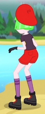 Size: 147x372 | Tagged: safe, derpibooru import, screencap, watermelody, equestria girls, legend of everfree, ass, beret, boots, butt, camp everfree outfits, clothes, cropped, gloves, hat, rear view, shorts, socks, solo, waterbooty