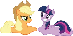 Size: 560x282 | Tagged: safe, artist:orcbrother, derpibooru import, applejack, twilight sparkle, twilight sparkle (alicorn), alicorn, pony, applejack is not amused, melting, simple background, this will end in angry countryisms, unamused