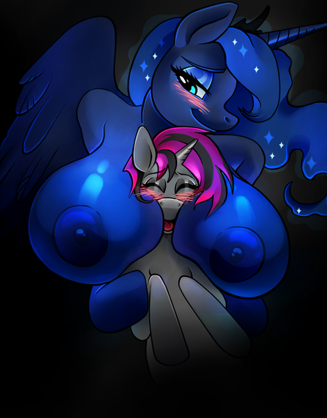 Size: 782x1000 | Tagged: questionable, artist:jackajack21, derpibooru import, princess luna, oc, oc:midnight aperture, alicorn, anthro, unicorn, anthro on pony action, areola, arm hooves, between breasts, big breasts, blushing, boob smothering, breasts, busty princess luna, canon x oc, female, head between breasts, huge breasts, impossibly large breasts, interspecies, nipples, nudity, size difference, smothering