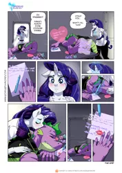 Size: 900x1273 | Tagged: safe, artist:pia-sama, derpibooru import, rarity, spike, anthro, dragon, comic:rogue diamond, comic:rogue diamond holiday special, clothes, comic, crying, dialogue, female, heartwarming, kiss mark, kissing, letter, lipstick, magic, male, older, older spike, paper, pen, shipping, sleeping, sparity, straight, tears of joy, valentine's day
