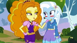 Size: 1000x563 | Tagged: safe, artist:cloudshadezer0, artist:ktd1993, derpibooru import, edit, vector edit, adagio dazzle, trixie, equestria girls, blushing, clothes, female, lesbian, shipping, triagio, vector