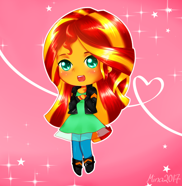 Size: 1000x1025 | Tagged: safe, artist:electricshine, derpibooru import, sunset shimmer, equestria girls, chibi, clothes, cute, female, jacket, leather jacket, long hair, open mouth, pants, shimmerbetes, shoes, socks, solo, thigh highs