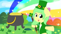 Size: 3840x2160 | Tagged: safe, artist:mintysketch, derpibooru import, oc, oc:minty sketch, unofficial characters only, earth pony, pony, female, high res, leprechaun, open mouth, pot of gold, rainbow, saint patrick's day, solo