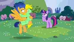 Size: 1920x1080 | Tagged: safe, artist:jucamovi1992, derpibooru import, screencap, flash sentry, twilight sparkle, twilight sparkle (alicorn), oc, oc:speed wave, alicorn, earth pony, insect, pegasus, pony, animated, blinking, entomophobia, female, flying, gif, hilarious in hindsight, holding a pony, horn, looking at something, male, mare, scared, seriously, stallion, wings