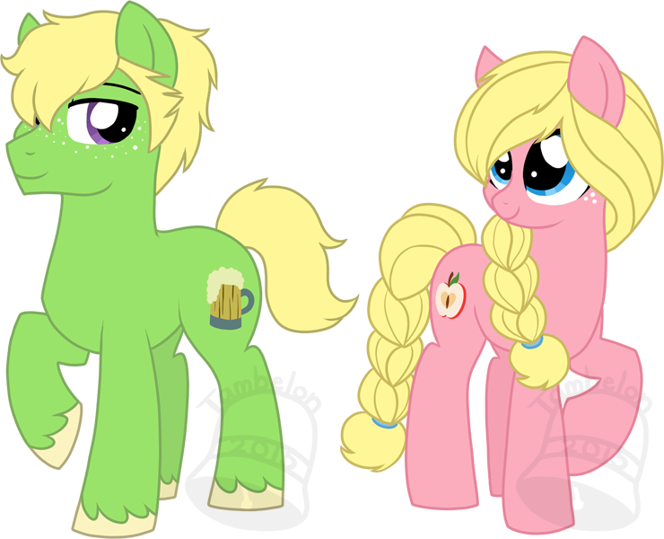 Size: 740x600 | Tagged: safe, artist:tambelon, derpibooru import, oc, oc:hard cider, oc:pink lady, unofficial characters only, earth pony, pony, brother and sister, female, magical lesbian spawn, male, mare, next generation, offspring, parent:applejack, parent:rainbow dash, parents:appledash, siblings, simple background, stallion, transparent background, watermark