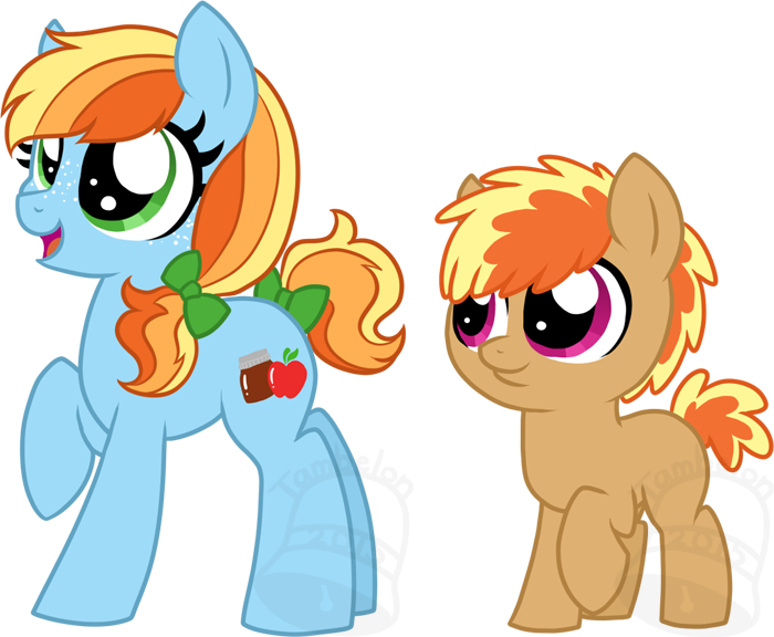 Size: 700x576 | Tagged: safe, artist:tambelon, derpibooru import, oc, oc:apple butter, oc:applesauce, unofficial characters only, earth pony, pony, brother and sister, colt, female, filly, magical lesbian spawn, male, next generation, offspring, parent:applejack, parent:rainbow dash, parents:appledash, siblings