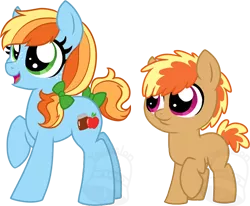 Size: 700x576 | Tagged: safe, artist:tambelon, derpibooru import, oc, oc:apple butter, oc:applesauce, unofficial characters only, earth pony, pony, brother and sister, colt, female, filly, magical lesbian spawn, male, next generation, offspring, parent:applejack, parent:rainbow dash, parents:appledash, siblings