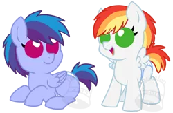 Size: 700x459 | Tagged: safe, artist:tambelon, derpibooru import, oc, oc:flying colors, oc:moonbow, unofficial characters only, pegasus, pony, brother and sister, colt, female, filly, magical lesbian spawn, male, next generation, offspring, parent:applejack, parent:rainbow dash, parents:appledash, siblings, watermark