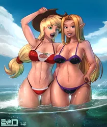 Size: 1280x1527 | Tagged: applejack, armpits, artist:megasweet, artist:vest, beach babe, belly button, bikini, bikini babe, breasts, busty applejack, clothes, collaboration, derpibooru import, duo, duo female, elf ears, female, females only, human, humanized, looking at you, oc, ocean, smiling, suggestive, swimsuit, water, wet