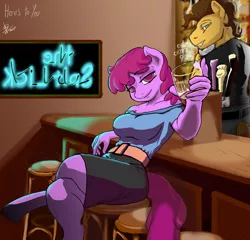 Size: 4689x4500 | Tagged: absurd resolution, alcohol, anthro, anthro oc, artist:threewontoo, bar, berry punch, berryshine, breasts, busty berry punch, clothes, derpibooru import, female, female focus, glass, looking at you, male, no catchlights, oc, oc:rusty nail, sitting, smiling, solo focus, stallion, stool, suggestive, unguligrade anthro