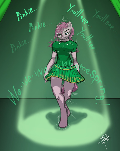 Size: 3200x4000 | Tagged: suggestive, artist:threewontoo, derpibooru import, pinkie pie, anthro, unguligrade anthro, big breasts, breasts, busty pinkie pie, clothes, dialogue, drapes, female, pinkamena diane pie, saint patrick's day, skirt, solo, solo female, song reference, stage, tap dancing