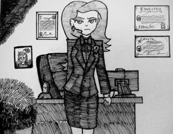 Size: 2413x1872 | Tagged: safe, artist:atisuto17, derpibooru import, oc, oc:dusk rhine, oc:platinum decree, unofficial characters only, equestria girls, clothes, equestria girls-ified, female, looking at you, monochrome, office, portrait of dolly, solo, traditional art, tuxedo