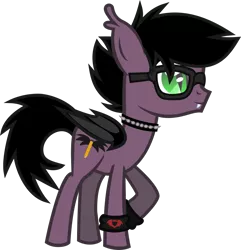 Size: 1026x1066 | Tagged: safe, artist:lightningbolt, derpibooru import, oc, oc:broodscript, unofficial characters only, bat pony, pony, .svg available, armband, bat wings, choker, clandestine industries, cutie mark, ear fluff, emo, fangs, glasses, male, messy tail, raised hoof, simple background, slit eyes, solo, spiked choker, svg, teenager, transparent background, vector