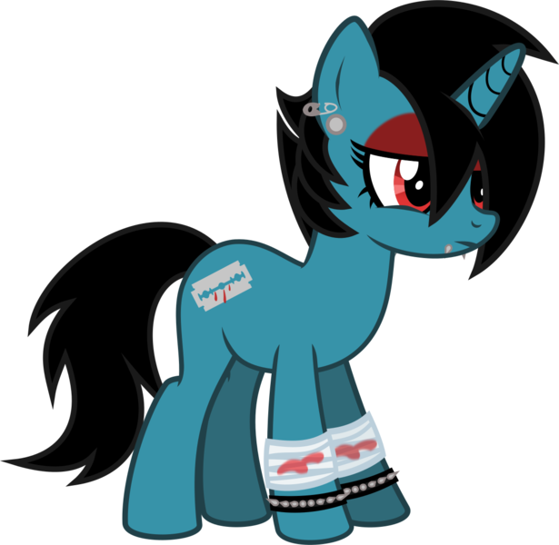 Size: 1276x1244 | Tagged: semi-grimdark, artist:lightningbolt, derpibooru import, oc, oc:sharp edge, unofficial characters only, pony, unicorn, .svg available, bandage, blood, cutie mark, ear piercing, emo, eyeliner, eyeshadow, female, gauges, hair over one eye, makeup, mare, painted horn, piercing, razor, sad, safety pin, self harm, simple background, snake bites, solo, spiked wristband, svg, transparent background, vector, wristband